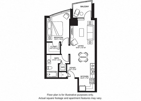 Floor plan for 1 bed, 1 bath, 647 sqft